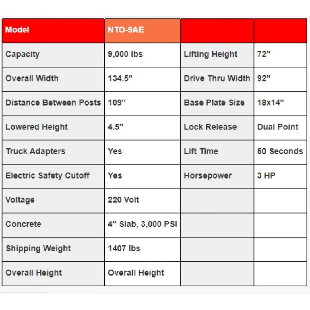 Triumph NTO-9AE 9,000 lb. 2 Post Lift