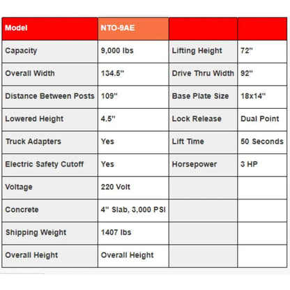 Triumph NTO-9AE 9,000 lb. 2 Post Lift