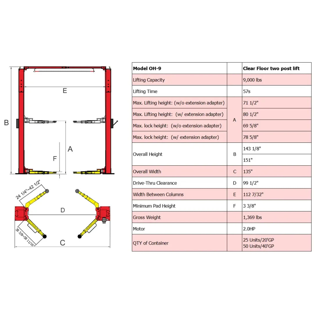 Amgo OH-9 9,000 lb 2 Post Lift